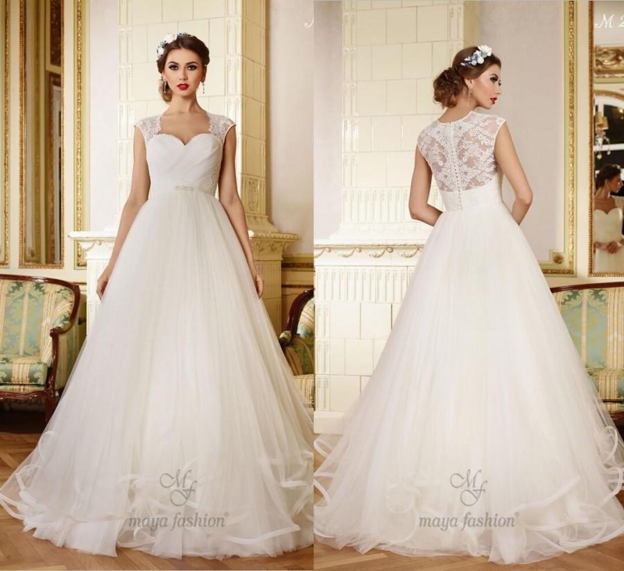 Свадьба - 2015 New Sweetheart Cap Sleeve Maya Fashion A-Line Spring Wedding Dresses Boning Ruffles Tulle Vintage Applique Sweep Train Bridal Gown Online with $124.61/Piece on Hjklp88's Store 