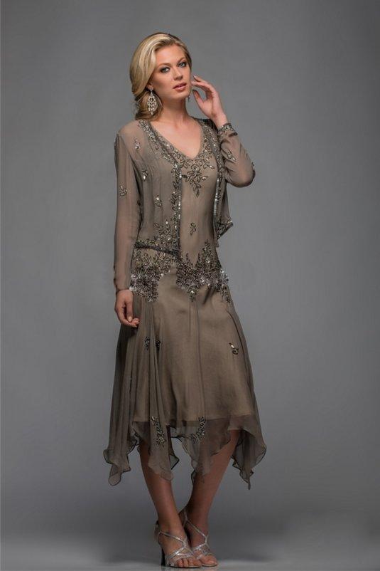 زفاف - Modest Custom Made 2014 Chiffon TeaLength Lead Mother Dress Sheath Evening Dress Beaded Mother of the Bride Dresses With Jacket Anna25397 Online with $108.87/Piece on Hjklp88's Store 