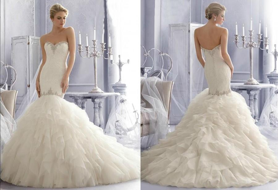 Hochzeit - 2015 New Beaded Crystal Sweetheart Spring Mermaid Wedding Dresses Organza Ruffles Lace Zipper Button Bridal Gown Online with $172.78/Piece on Hjklp88's Store 