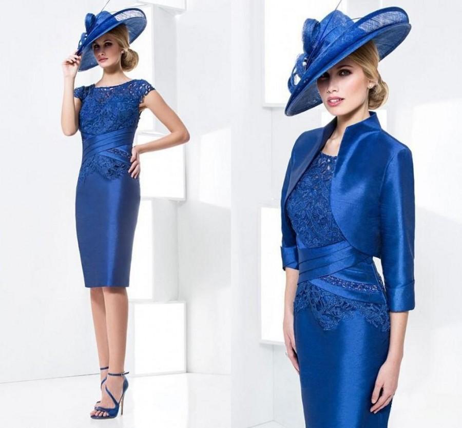 Mariage - Royal Blue Lace Satin Mother Dresses 2015 Sheer Cap Sleeves Sheath Knee Length Mother of The Bride Dresses With Jacket Vestido De Madrinha Online with $109.48/Piece on Hjklp88's Store 