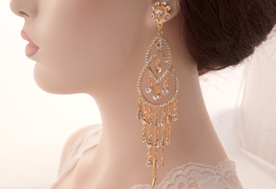 Свадьба - Rose gold chandelier long earrings-Rose gold bridal earrings-Rose gold art deco rhinestone Swaroski crystal earrings - Wedding jewelry