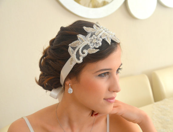 Свадьба - Vintage inspired beaded lace bridal headband floral lace bridal headband wedding accessories wedding headpiece ready for the shipment