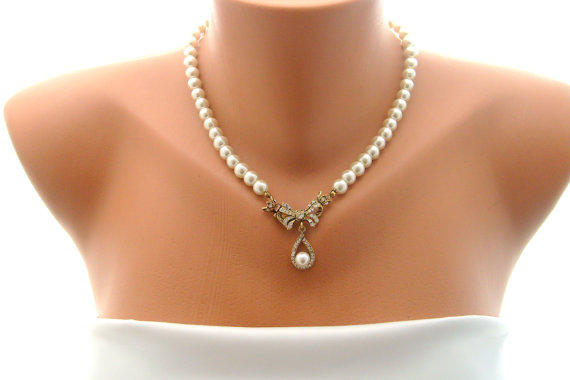 زفاف - Vintage inspired antique brass full strand ivory pearl classic bridal necklace wedding jewelry bridal jewelry