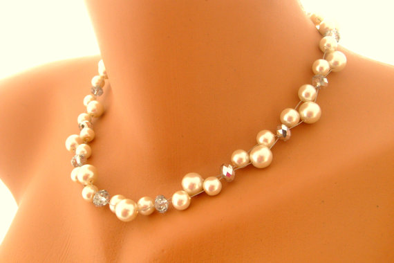 زفاف - Bridal pearl necklace double strand bridal necklace decorated clear crystals wedding jewelry bridal jewelry bridesmaid gifts