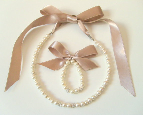 Hochzeit - Dark champagne Flower girl jewelry set adjustable necklace and stretchy bracelet with swarovski balls wedding jewelry flower girl gift