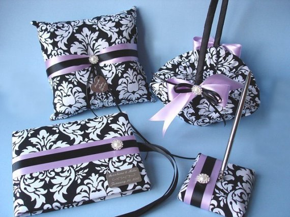 Wedding - Guest Book, Personalized Wedding Guest Book, Pen, Ring Bearer Pillow, Flower Girl Basket in Damask with Your Custom Colors