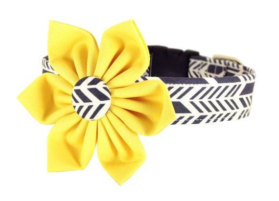 Wedding - Yellow Gray Chevron Flower Dog Collar Set/ Wedding Dog Collar and Flower: Sunprint Feathers