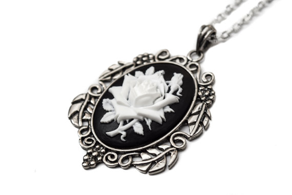 Hochzeit - White Rose Cameo Necklace - Gothic Wedding Jewelry