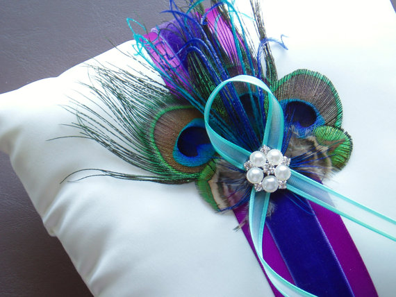 Свадьба - Wedding Ring Pillow with Peacock Feathers ringbearer PURPLE TURQUOISE IVORY custom feather modern pearl crystal bearer