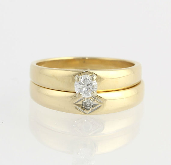 Hochzeit - Diamond Engagement Ring & Wedding Band Set - 18k Yellow Gold High Karat .25ctw X5012