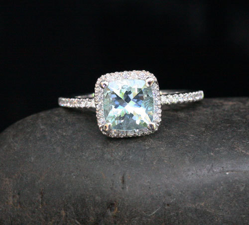 Wedding - Stunning Aquamarine Ring Engagement Ring in 14k White Gold with Aquamarine Cushion 7mm and Diamonds