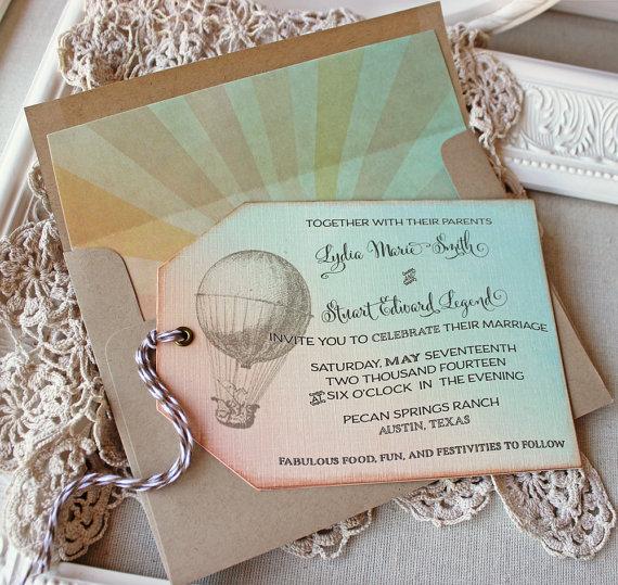 Свадьба - Wedding Invitation Hot Air Balloon Vintage Hinged Shipping Tags Watercolor Sunrise