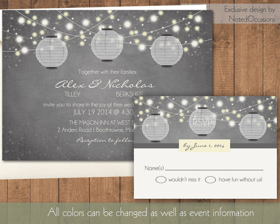 Wedding - Paper Lantern Wedding Invitation - Rustic  Wedding Invitations with dangling lights and Paper Lanterns Chalkboard Digital Printable File