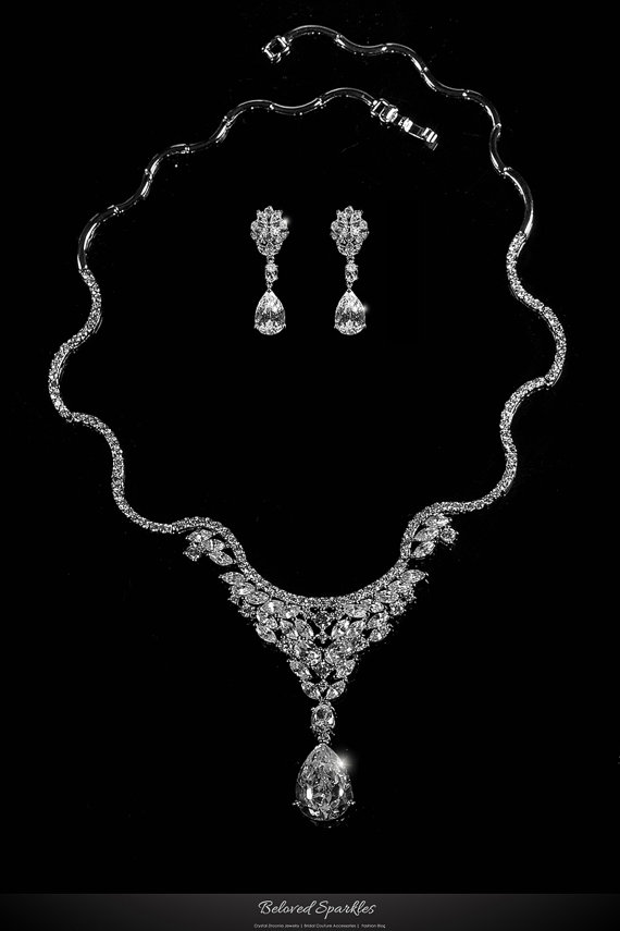 زفاف - Bridal Necklace Earring Set, Vintage Classic Cluster Cubic Zirconia Necklace, Swarovski Crystal CZ Cluster Necklace, Bridal CZ Jewelry