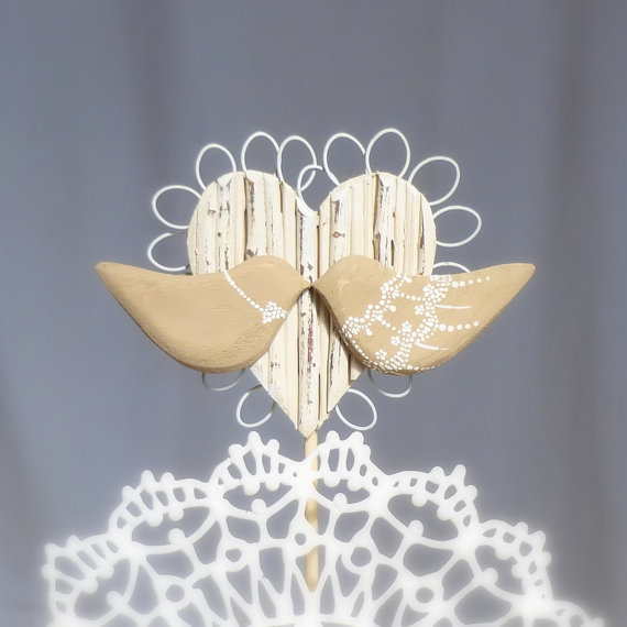Hochzeit - Rustic Wedding Topper, Wood Love Birds Wedding Cake Topper With a Twig Heart, Natural Wedding Decor