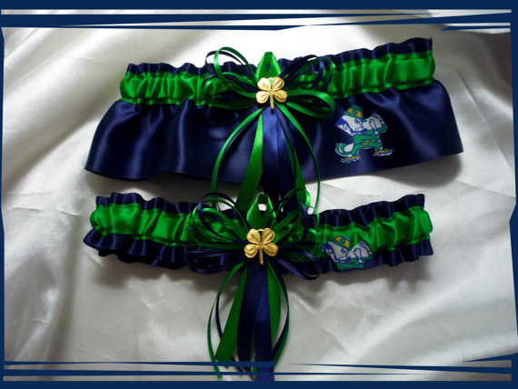 Wedding - Navy and Green Satin Skinny Wedding Garter Set Made with Notre Dame Fabric