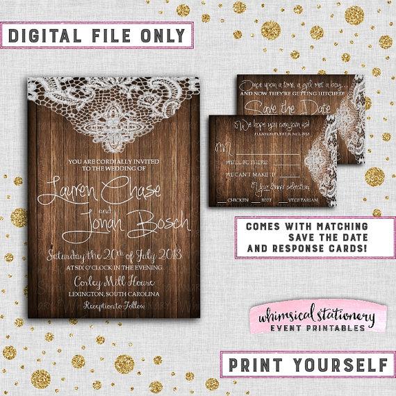 Hochzeit - 3PC "Wood & Lace" Collection - Save the Date, Invitation, Response Card (Printable File Only) Rustic Country Wedding