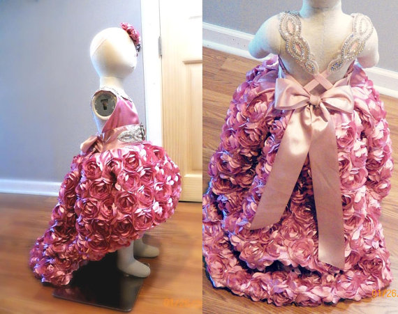 Wedding - National Glitz Pageant Dress or flower girl dress, rose couture rhinestone high low design with train gown