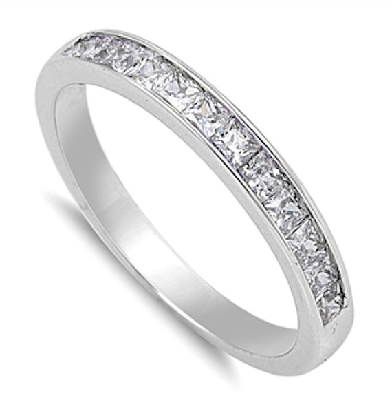 Hochzeit - 3MM 925 Sterling Silver Wedding Engagement Anniversary Half Eternity Channel Princess Cut Clear Crystal Diamond CZ Band Ring Love Gift