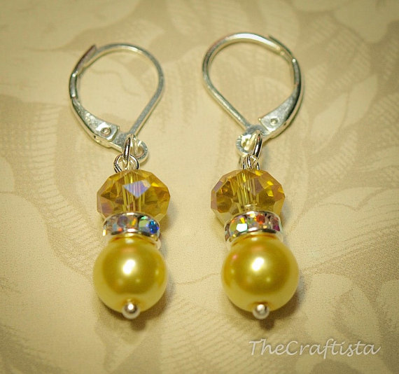 Свадьба - Yellow Pearl and Crystal Earrings -- Lever Back Earrings -- Bridesmaid Earrings,