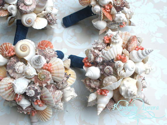 Wedding - Beach Wedding Bouquet, Shell Bouquet, Bridal or Bridesmaid Bouquet (Marina Natural Style Coral and Navy). Made to Order Custom Details