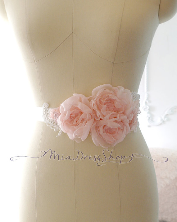 Mariage - Pale Baby Pink Chiffon White Lace Embroidery Flower Little Rose Rosettes Blossom Belt Obi Women Sash - Bridal Wedding Romantic French Dress
