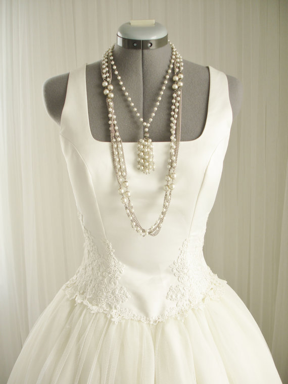 Hochzeit - 1980/90 Vintage Bridal Satin and Netted BallGown Wedding Dress