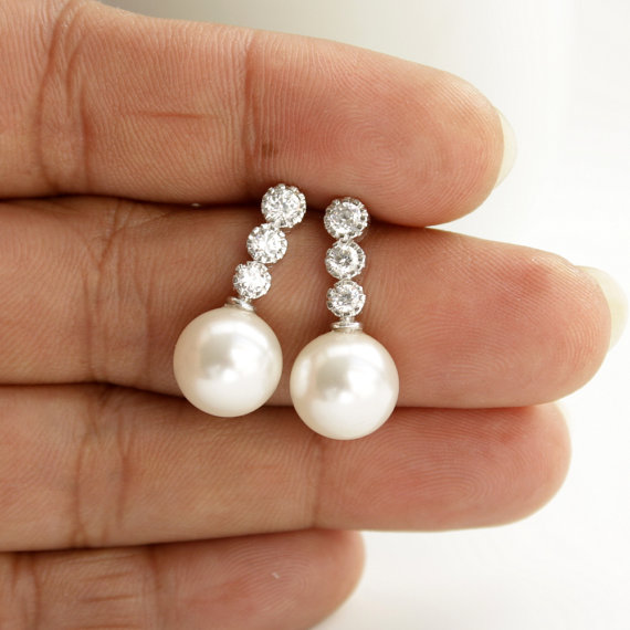 Mariage - Bridal Earrings Pearl Wedding Earrings Cubic Zirconia Post Earrings Silver Swarovski Wedding Jewelry