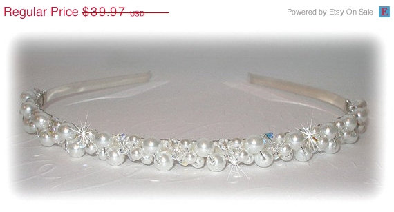 Hochzeit - ON SALE 15% OFF Pearl Crystal Diagonal Crystal Pearls Pearl Tiara Crown Headband Band Swarovski Crystals Bridal Party Wedding