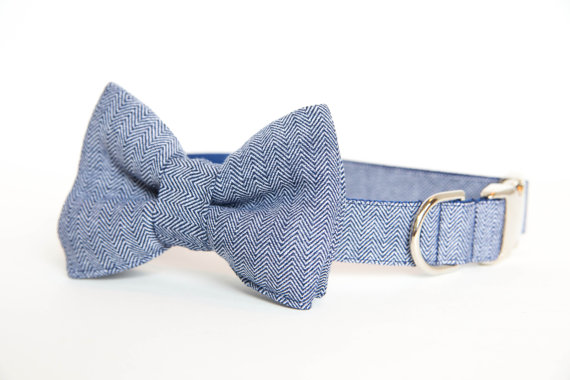 زفاف - Preppy Dog Bow Tie Collar - Navy Herringbone