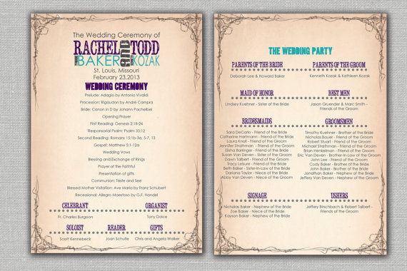 Mariage - Vintage Concert Poster Wedding Ceremony Program – Modern Wedding Program –Rustic Program –Custom Purple Program – “Vintage Treasure”