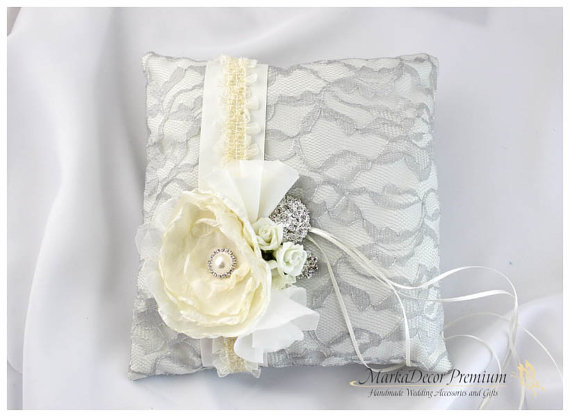Hochzeit - Wedding Handmade Lace Jeweled Ring Pillow Custom Bridal Bearer Brooch Flower Pillow  in Ivory and Silver