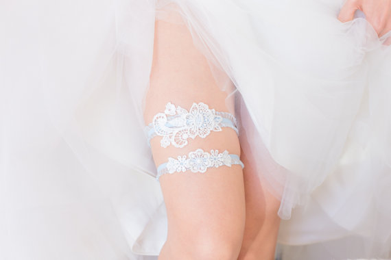 Wedding - Something Blue - Wedding Garter Set, Wedding Garter, White Lace, Blue lace band, Bridal Shower Gift, Lingerie