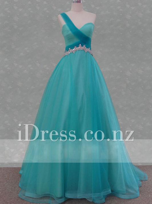 Wedding - Gorgeous Sleeveless One Shoulder Aqua Blue Tulle Long Ball Gown Prom Dress