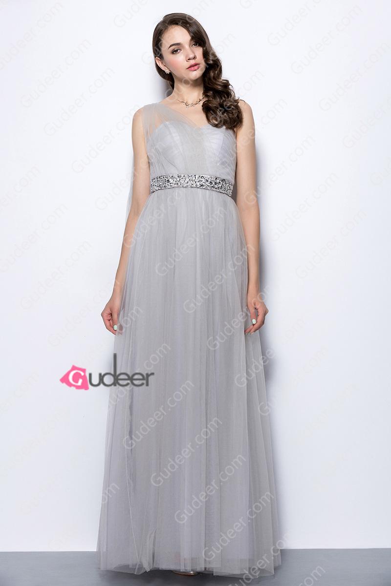 Wedding - Illusion One Shoulder Long Tulle Bridesmaid Dress with Beaded Belt
