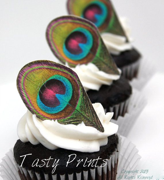 زفاف - 12 EDIBLE Peacock Feathers - Teal Fuchsia - Cupcake Topper - Cake Decoration