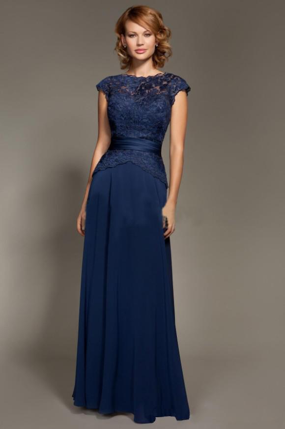 Hochzeit - 2015 Dark Blue Scoop Neckline Lace Chiffon Cap Sleeves Mother Of The Bride Dresses Floor-Length Mommy Dresses Online with $89.17/Piece on Hjklp88's Store 