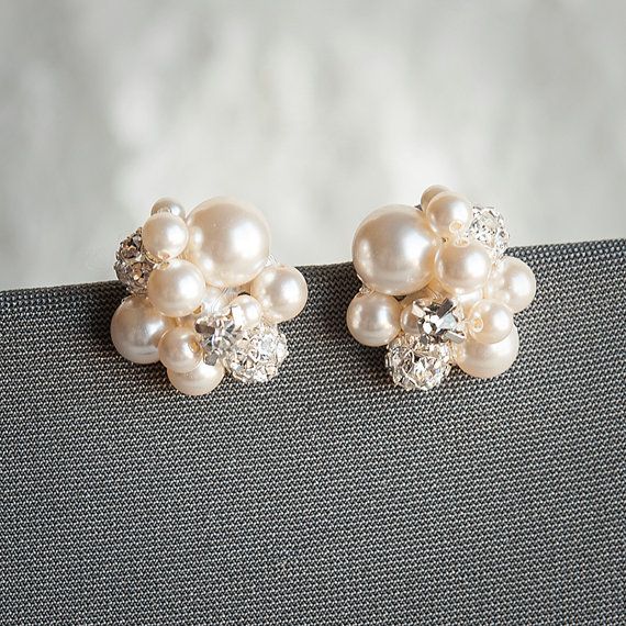 Mariage - Pearl Cluster Wedding Earrings, Bridal Stud Earrings, Swarovski Crystal And Pearl Cluster Earrings, Statement Wedding Bridal Jewelry, TASMIN