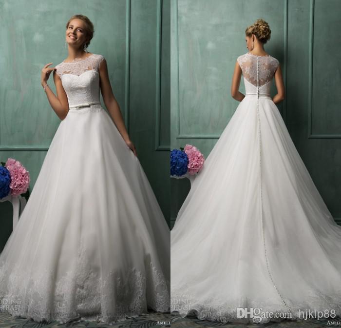 Mariage - 2014 Amelia Sposa Best Selling A Line Jewel Chapel Train White Organza Lace Wedding Dresses Illusion Back Wedding Gowns Bridal Online with $110.47/Piece on Hjklp88's Store 