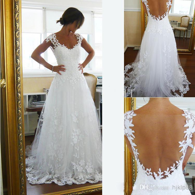 Mariage - 2014 New Arrival Wedding Gowns Dresses A-Line Sweetheart White Tulle Appliques Cap Sleeve Sheer Backless Floor-Length Bridal Gowns Online with $102.4/Piece on Hjklp88's Store 
