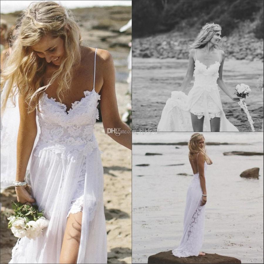 Mariage - 2014 Latest Sheer Backless Beach High Side Slit Wedding Dresses A-Line Spaghetti Elegant Ivory Chiffon Appliques Sweep-Train Bridal Gowns Online with $103.04/Piece on Hjklp88's Store 