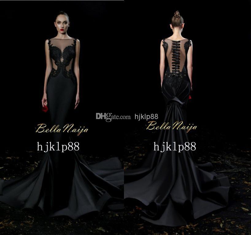 Wedding - 2014 Distinctive Appliqued And Beaded See through Sheer Prom Dresses Illusion Bateau Neckline Long Satin Black Sexy Evening Dresses Gowns Online with $119.21/Piece on Hjklp88's Store 