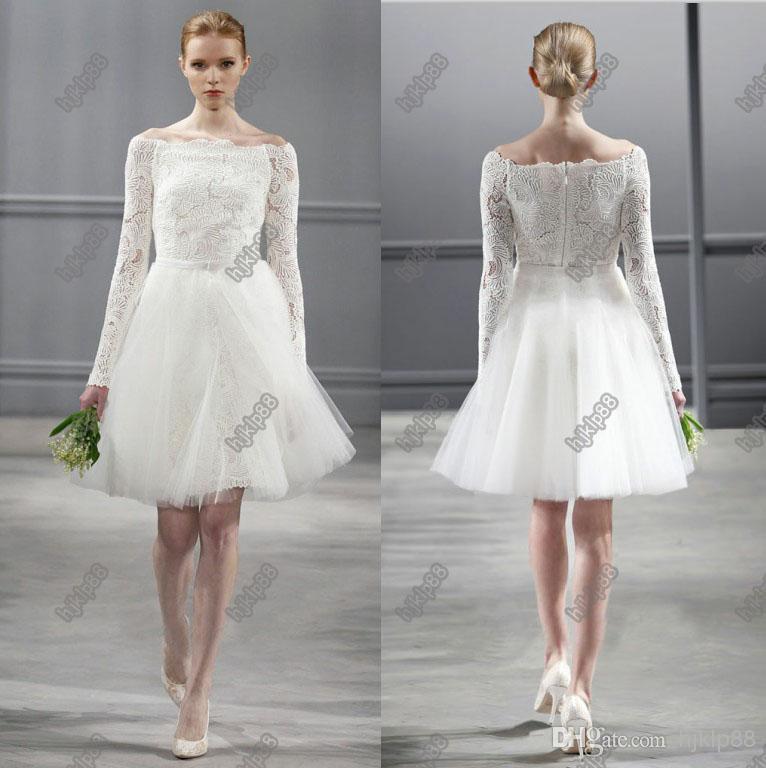 Wedding - Vintage Lace Long Sleeves Monique Lhuillier Spring 2014 Short Wedding Dresses Knee Length Beach Backless Wedding Dress Little White Bridal Online with $86.9/Piece on Hjklp88's Store 
