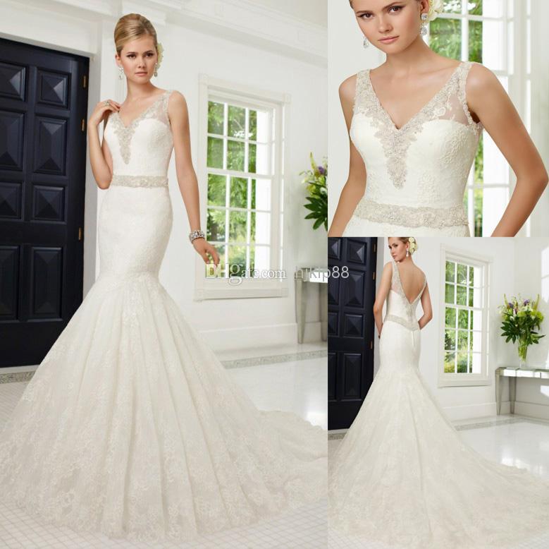 Hochzeit - 2014 New Hot Selling Sexy Sheer V Neckline Beading Lace Backless Wedding Dresses Ronald Joyce V Open Back Wedding Dress Mermaid Bridal Gown Online with $121.64/Piece on Hjklp88's Store 