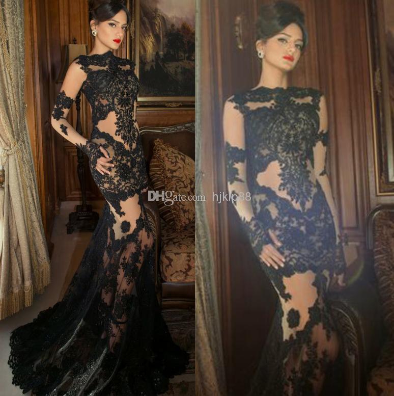 Mariage - Hot Sell Sexy Illusion Jewel Neck 2014 New Sheath Tulle/Applique Long Sleeve Evening Dresses Oved Cohen Lace Prom Dresses Long Evening Gowns Online with $179.0/Piece on Hjklp88's Store 