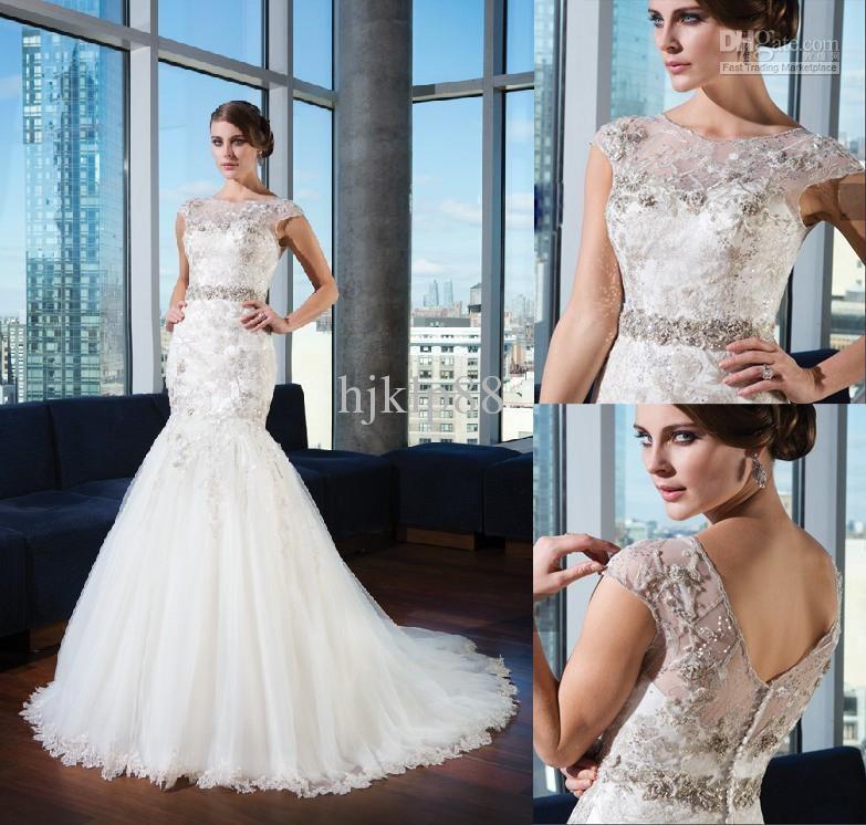 Свадьба - Dramatic 2015 New Arrival Crystal Belt Mermaid Cap Sleeves Top Lace Wedding Dresses Beautiful Bridal Gowns Just027 Online with $123.85/Piece on Hjklp88's Store 