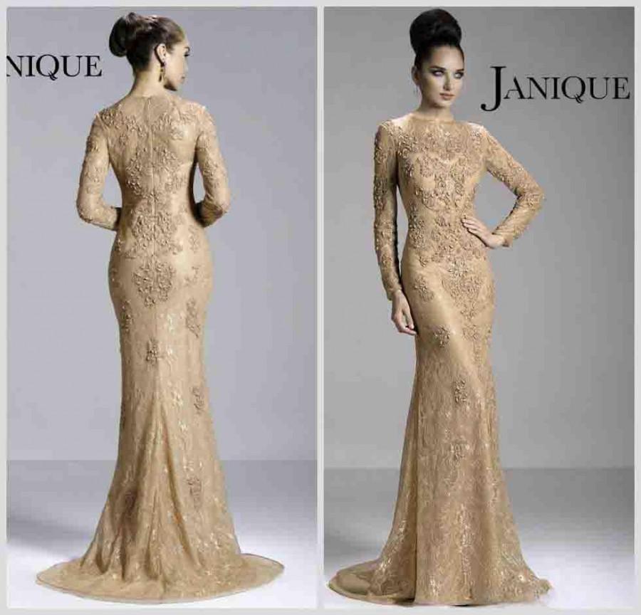 Свадьба - 2014 Hot Janique Mother of the Bride Dresses Crew Neck Champagne Lace Long Sleeve Illusion Appliques Beads Mermaid Prom Gowns JQ3411 Online with $93.46/Piece on Hjklp88's Store 