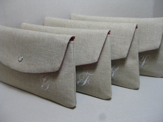 Wedding - Bridesmaid Clutches/Bridesmaid Gift/Wedding/  Linen Clutch with Monogram, Sets of 4,6,8 / Angled Envelope Clutch, Purchase 8 Get 1 FREE