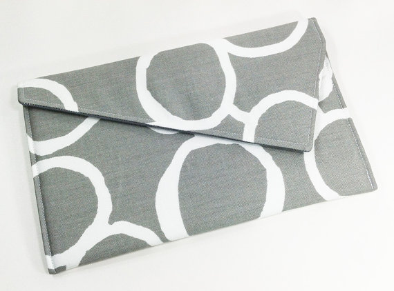 Wedding - Envelope Clutch Purse - Grey with White Circles- Wedding Clutch, Bridesmaid Clutch, New Years Eve Party Clutch