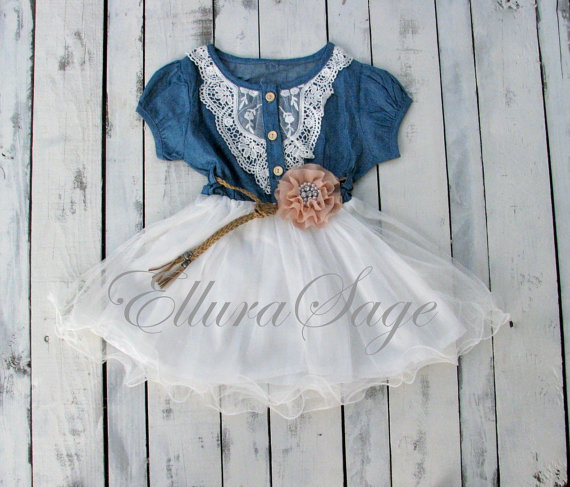 Mariage - Flower Girl Dress, Denim Flower Girl Dress, Denim Toddler Girl Tutu Dress, Western Cowgirl Dress, Rustic Flower Girl Dress, Country Wedding